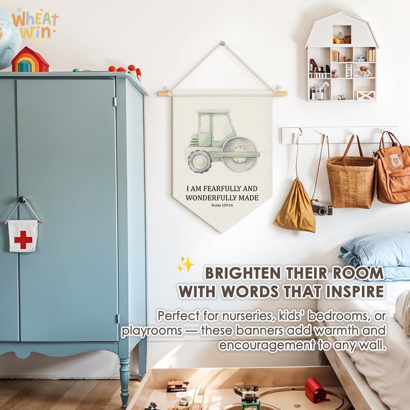 Wheatwin Christian Nursery Decor, I Am Fearfully and Wonderfully Made Construction Wall Hanging Pennant Flag Banner, Bible Verse Wall Decor for Nursery Toddler Boys Bedroom Playroom 15x11 Inch - Image 3